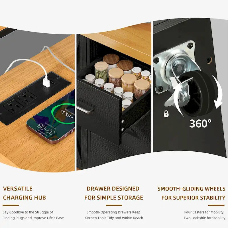 Grand îlot de cuisine roulant avec prise de courant et lumière LED, armoire de rangement avec étagère haute