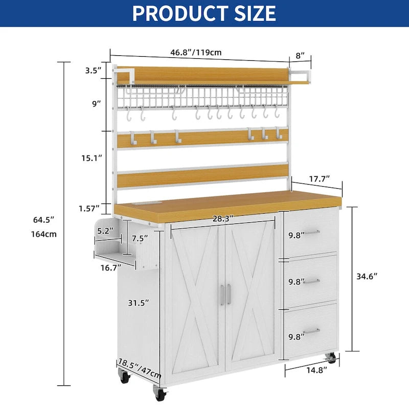 Grand îlot de cuisine roulant avec prise de courant et lumière LED, armoire de rangement avec étagère haute