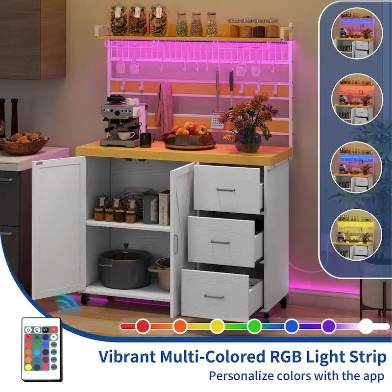 Grand îlot de cuisine roulant avec prise de courant et lumière LED, armoire de rangement avec étagère haute