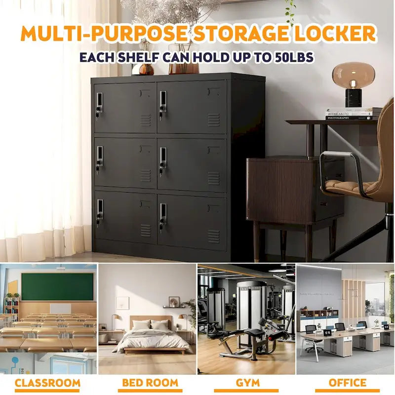 Casier de rangement à 6 portes pour employés, casiers métalliques pour bureau, salle de sport, école et maison avec fente pour carte (noir)