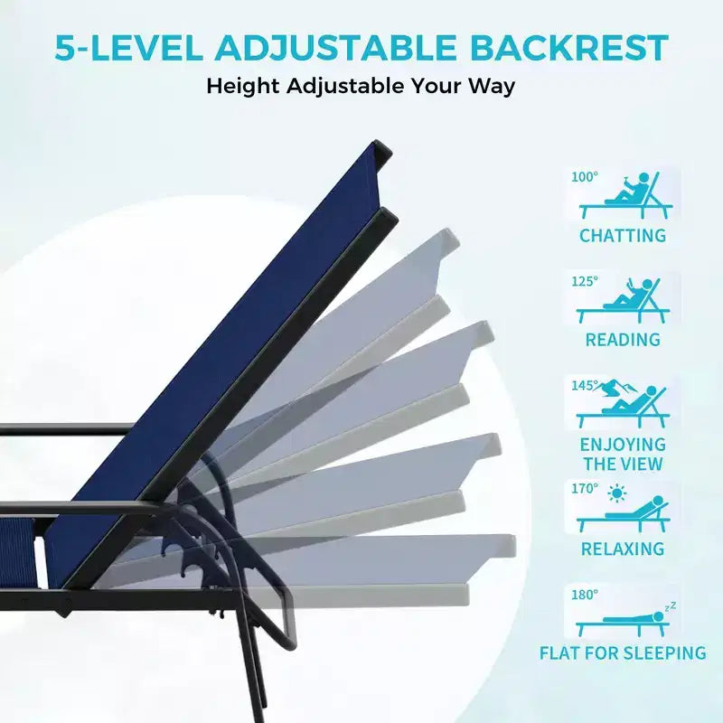 Lot de 2 chaises longues de jardin, transat inclinable réglable sur 5 positions, tissu Textilène, chaise longue de piscine de 193 cm pour terrasse, jardin et bord de piscine