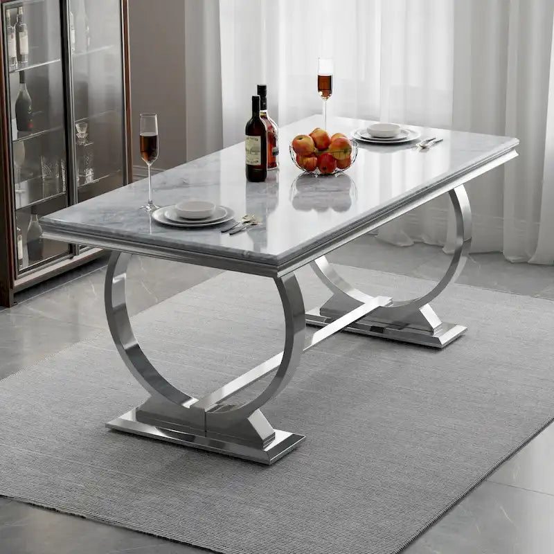 Table à manger de luxe avec piètement circulaire en métal poli - 72 pouces