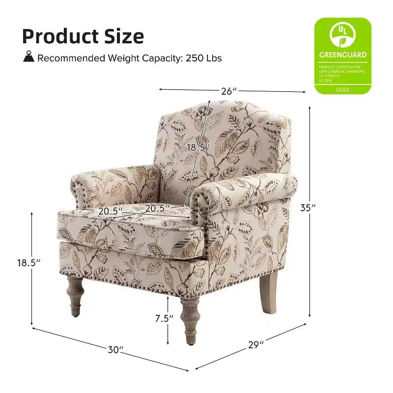 Fauteuil rembourré en bois avec motif floral, accoudoirs à panneaux et dossier en forme de bosse de chameau.