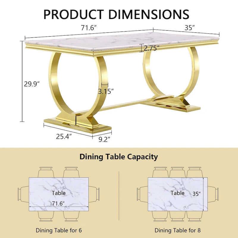 Table à manger de luxe avec piètement circulaire en métal poli - 72 pouces