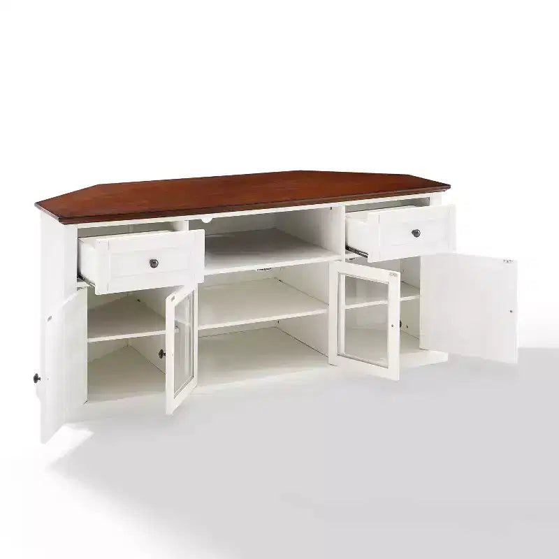 Meuble TV d'angle blanc pour téléviseurs jusqu'à 65 pouces, portes en verre biseauté, montage par une personne