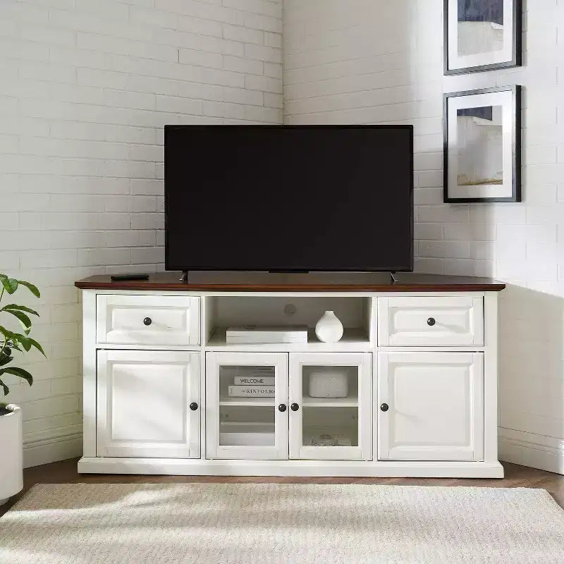 Meuble TV d'angle blanc pour téléviseurs jusqu'à 65 pouces, portes en verre biseauté, montage par une personne