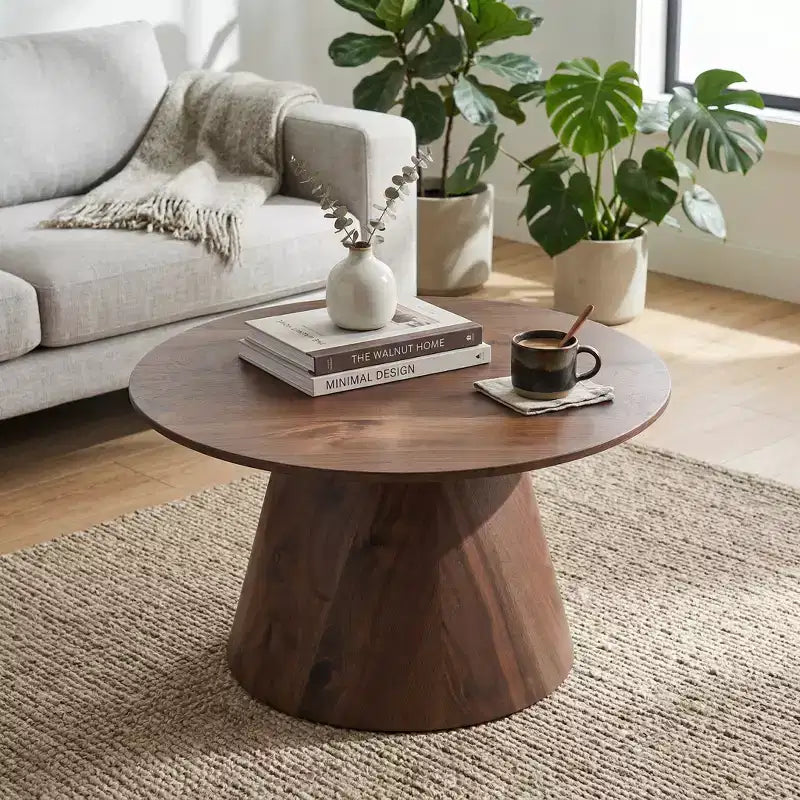 Table basse ronde en MDF, aspect bois de noyer, 60 cm de diamètre, 35 cm de hauteur