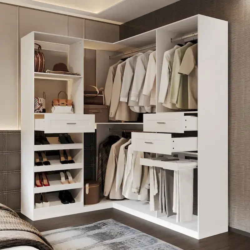 Armoire de coin avec 2 tringles, porte-pantalons et organisateur de chaussures
